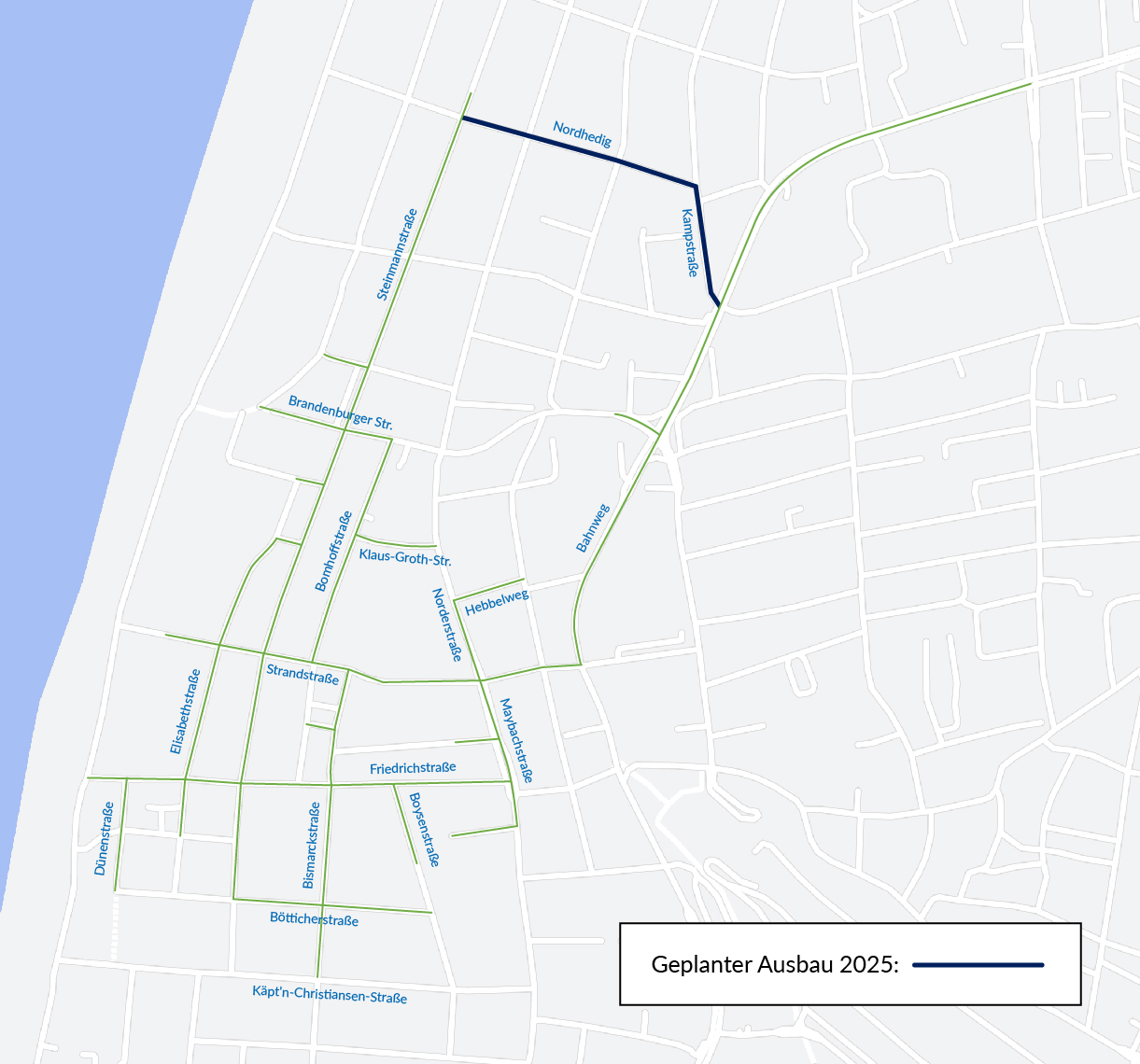 Karte von bestehendem Fernwärmenetz auf Sylt und geplanter Ausbau bis 2025