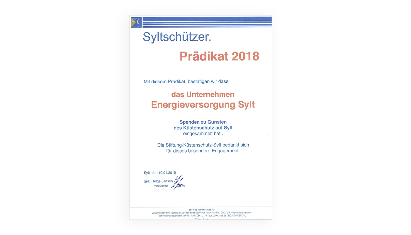 Prädikat für EVS: Spendensammlung 2018 für den Küstenschutz
