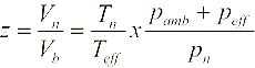 Mathematische Formel für Zustandszahl (z): Vn/Vb = Tn/Teff mal (pamb + Peff)/Pn
