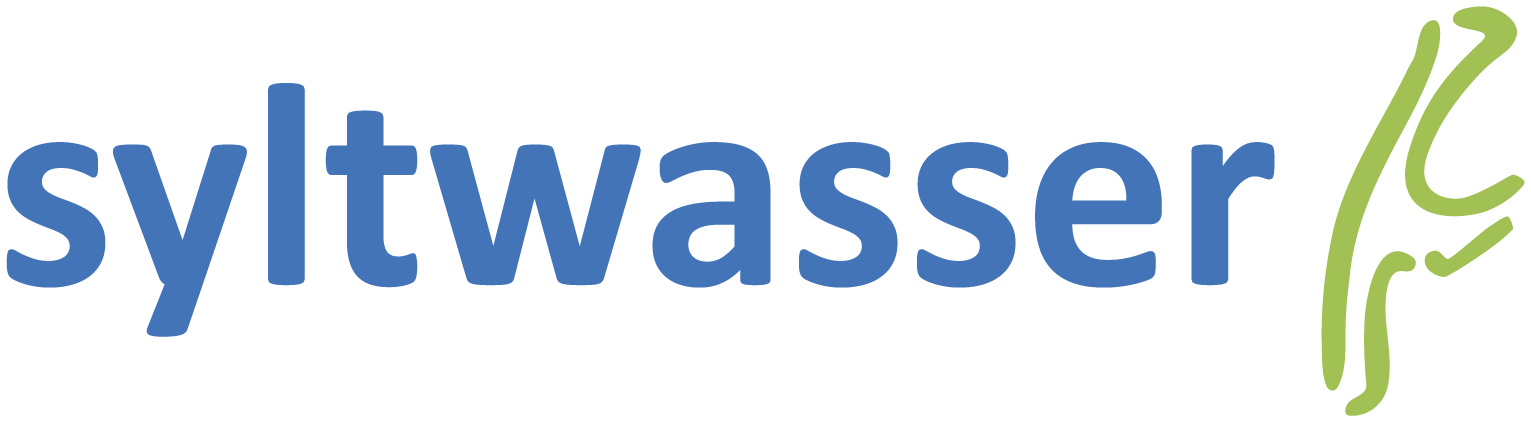 Logo syltwasser: blauer Schriftzug, grüner Sylt-Umriss