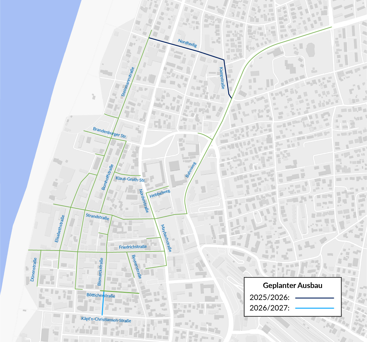 Karte von Westerland und dem geplanten Ausbau des Fernwärmenetz: Nordhedig u. Kampstraße in 2025/26 und Bismarckstraße zwischen Bötticherstraße und Käptn-Christiansen-Straße erfolgt ab 2026