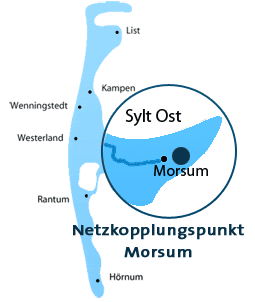 Kartographische Darstellung von Sylt und dem Gasnetz, besondere Hervorhebung von Sylt Ost, also Morsum
